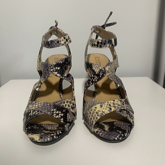 BCBGMaxAzria Snake Print Leather Strappy Stiletto Heels - Size 8/38 - Excellent - Picture 10 of 10